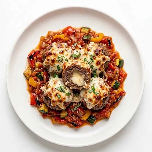 Cheesy Beef Meatballs in Spicy Pepper & Zucchini Ragout